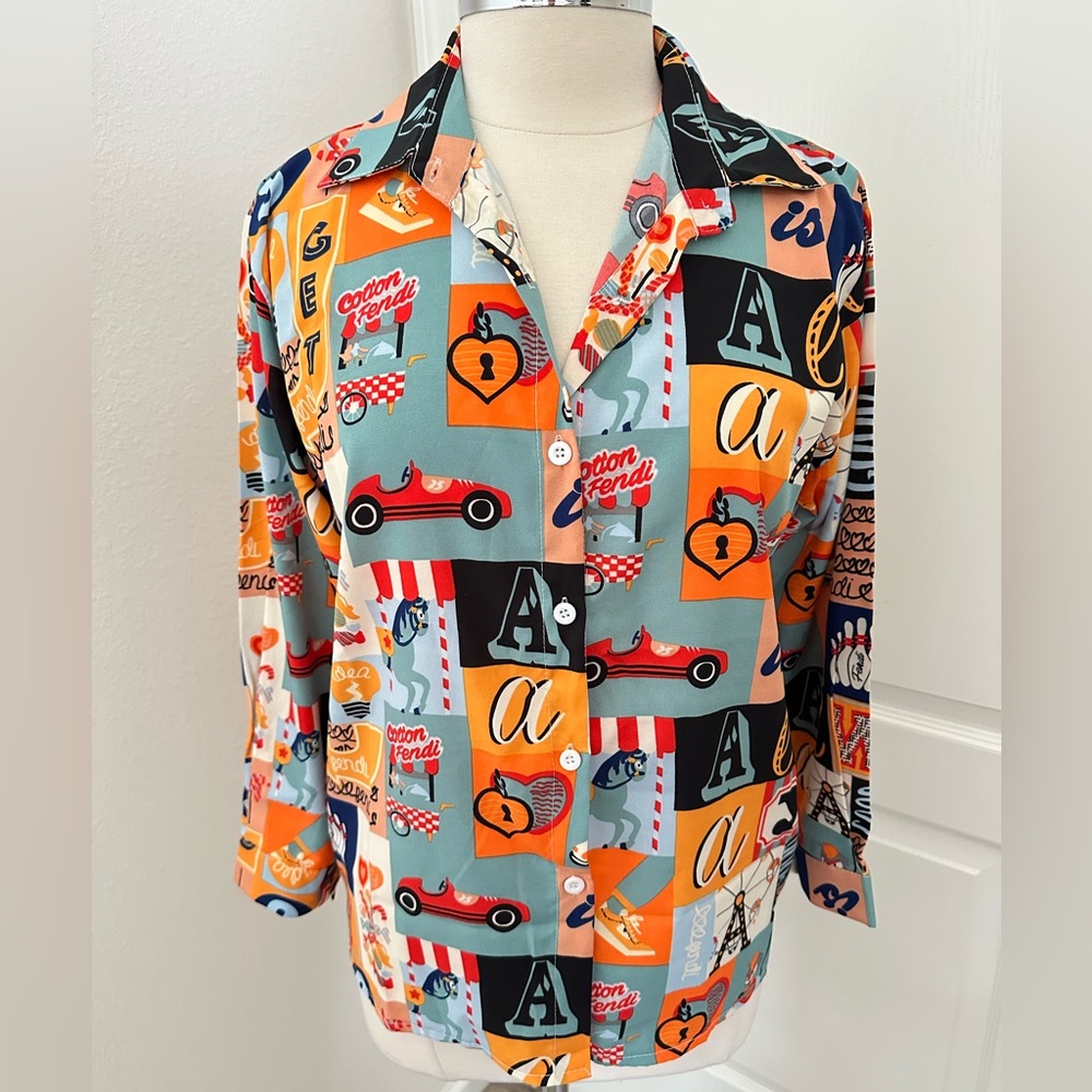 Retro Funky “Fendi” Novelty Print Button Down Shirt Size M/L NWOT